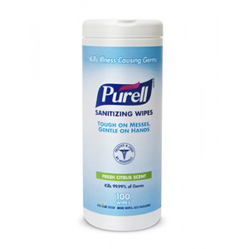 GOJO 911112CT Purell Sanitizing Hand Wipes Fresh Citrus Scent 5.78 Inch x 7 Inch 100 Sheets Per Canister 12 Canisters Per Case