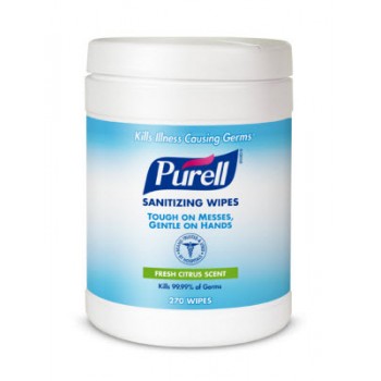 GOJO 911306CT Purell Sanitizing Hand Wipes Fresh Citrus Scent 6.75 Inch x 6 Inch 270 Sheets Per Canister 6 Canisters Per Case