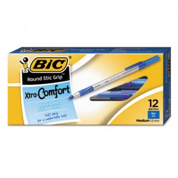 BIC GSMG11BE Round Stic Grip Xtra Comfort Ballpoint Pen Blue Ink 1.2mm Medium Per Dozen
